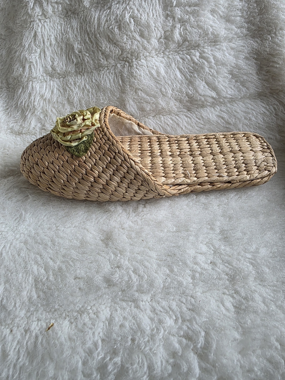 Woven Straw Slide Mule with Olive Flower Accent - Women